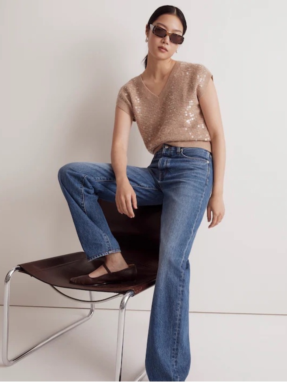 ▪️Madewell Women's Tan Pink Sequin Embellished Sweater Vest